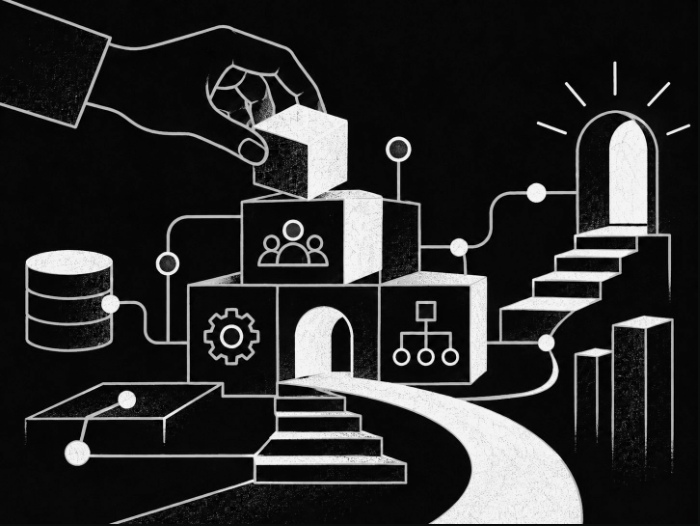 Black-and-white illustration of connected operational blocks, decision routes and systems